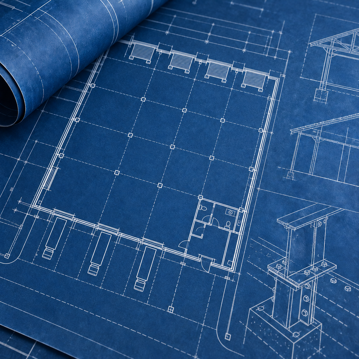 Commercial warehouse blueprints showing loading docks, floor layout and steel-framing details