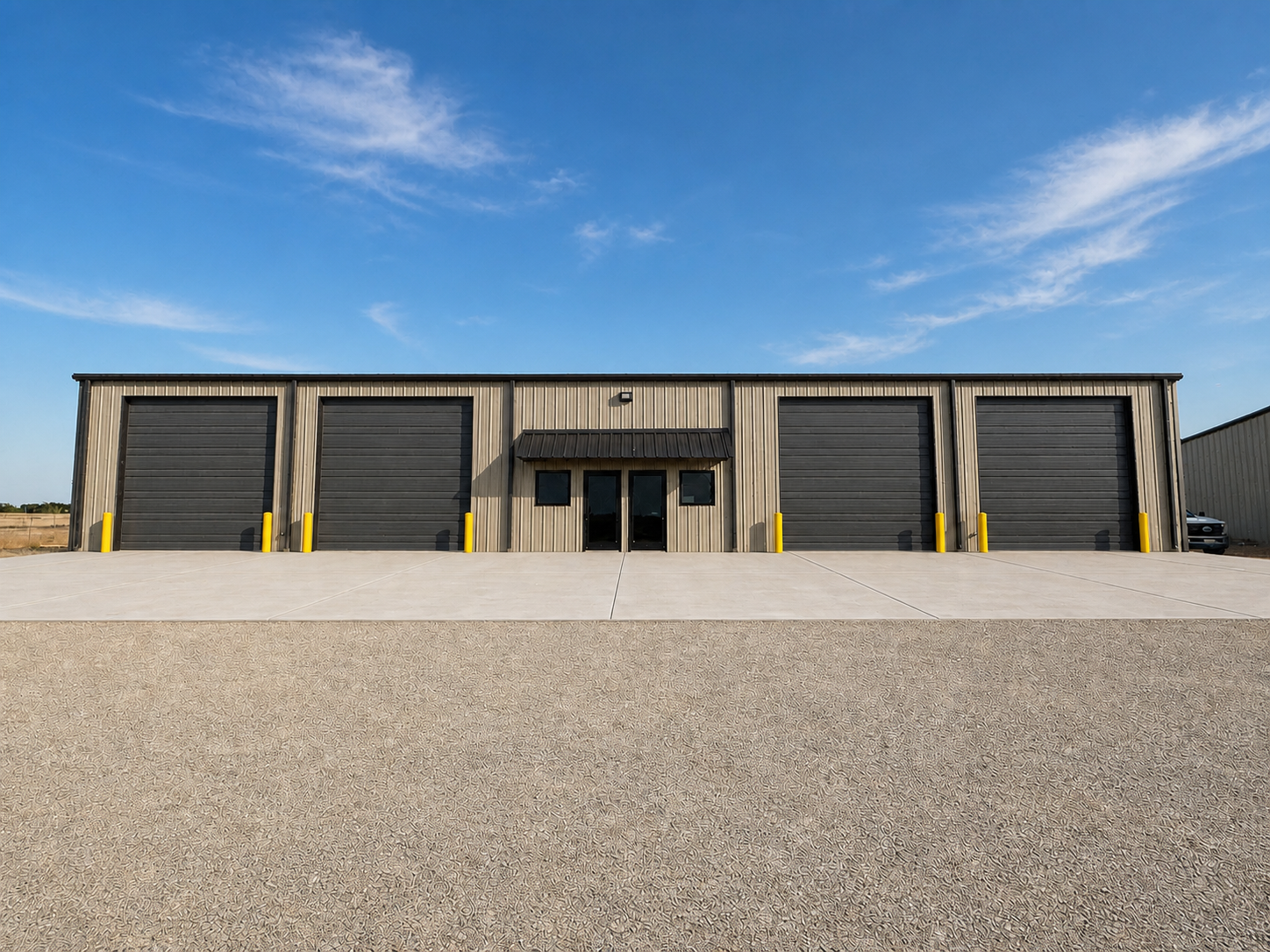 Clean front elevation of a flex building with four overhead doors and a central entrance