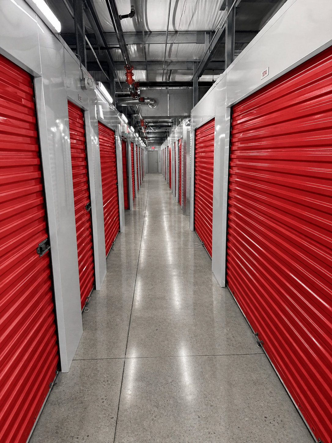 Climate-controlled storage hallway with red doors and white wall panels