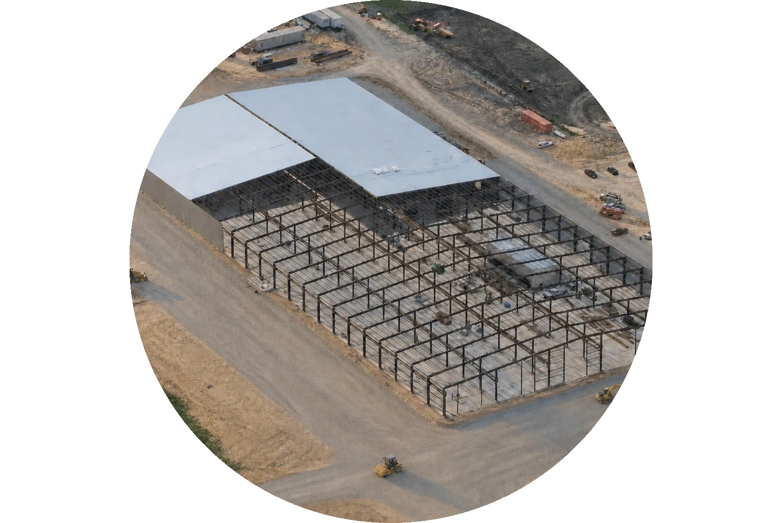Aerial view of a manufacturing building under construction with exposed steel frames and a partially completed roof